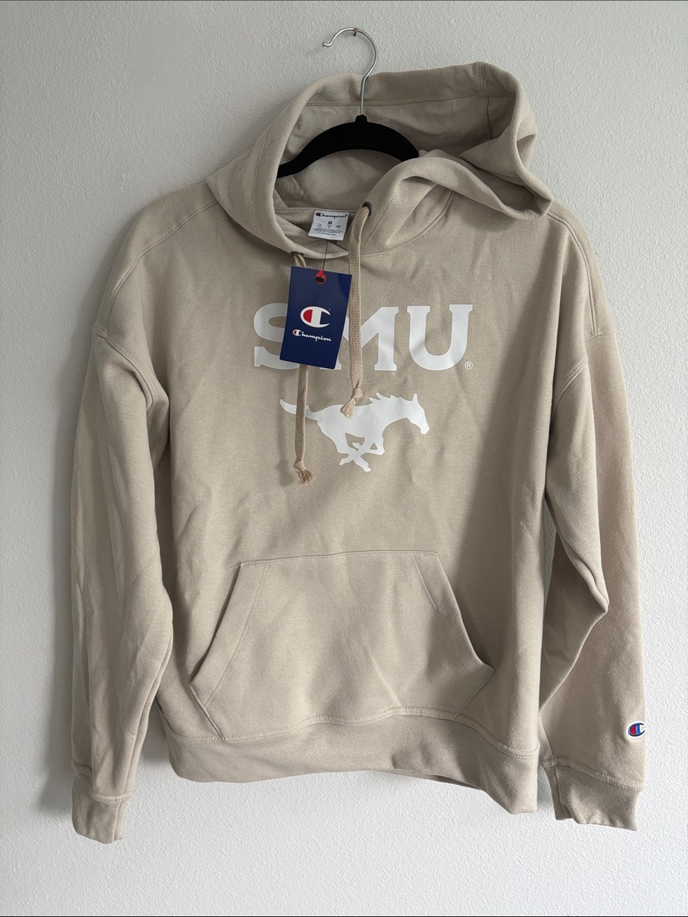 Champion SMU Hoodie, Beige with White Mustang logo, size Medium